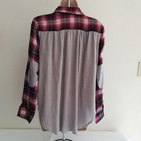About A Girl Tops - Plaid Flannel Shirt Waffle knit back panel